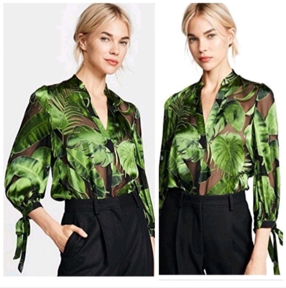 Alice + Olivia Sheila Palm-Print Tie-Blouse Size XS